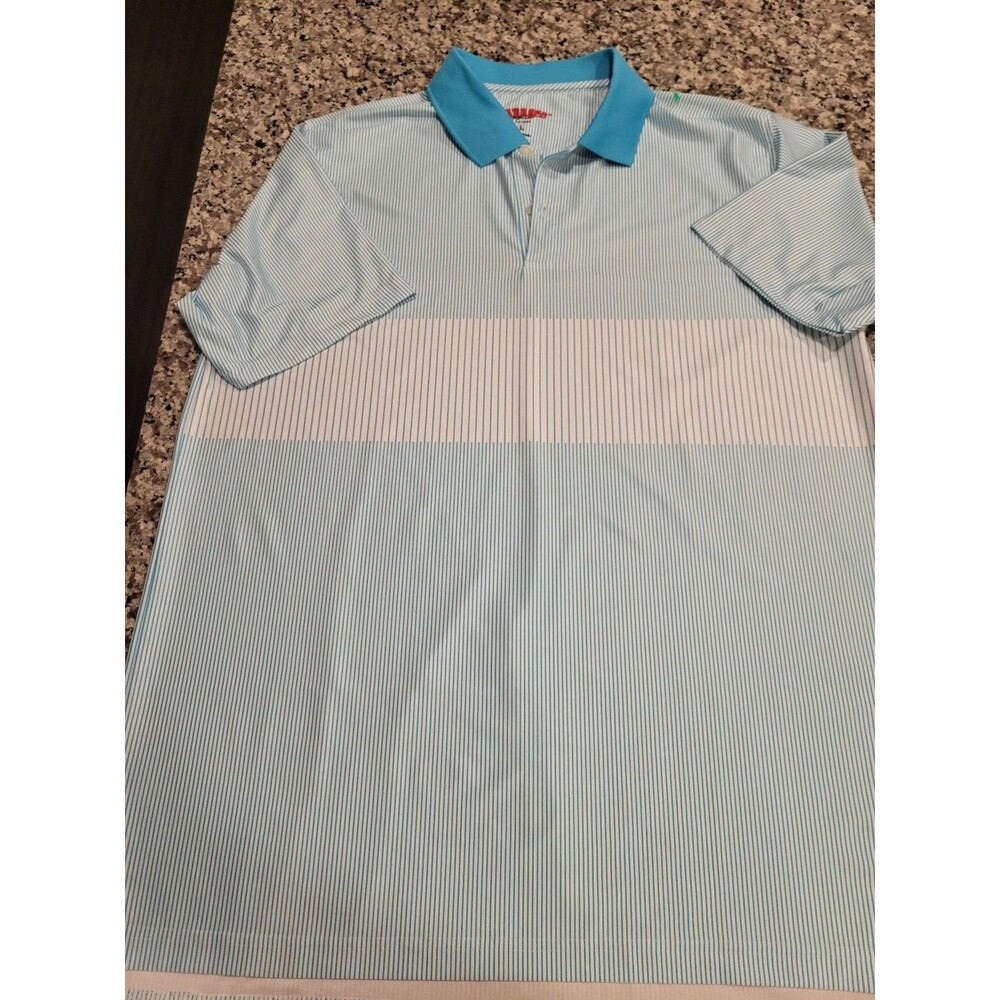 Tabasco Sport Polo Mens L Turquoise‎ White Striped Short Sleeve Poly Spandex